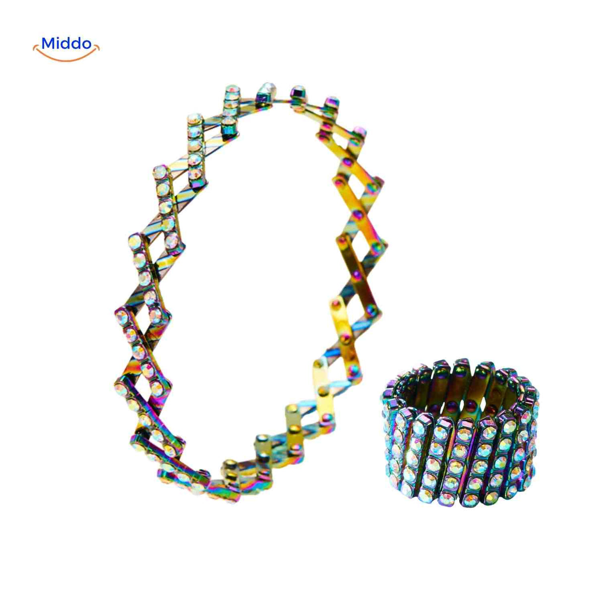 Multicolor ring and bracelet set with crystal rhinestone embellishments.