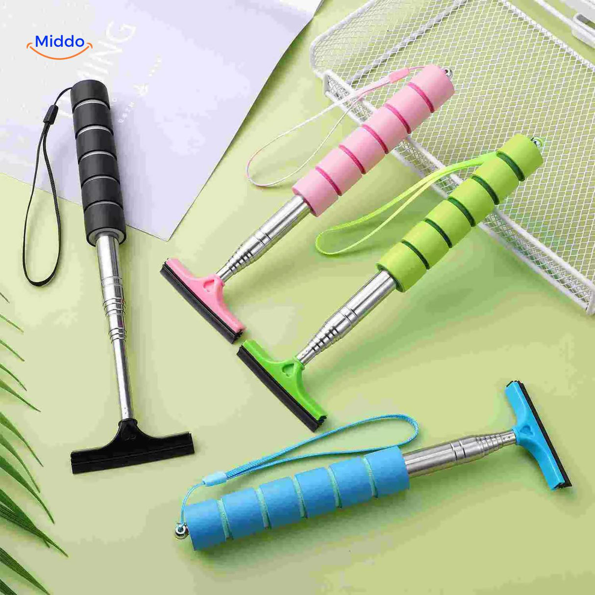 Complete car window cleaner set in multiple colors with convenient wrist strap.