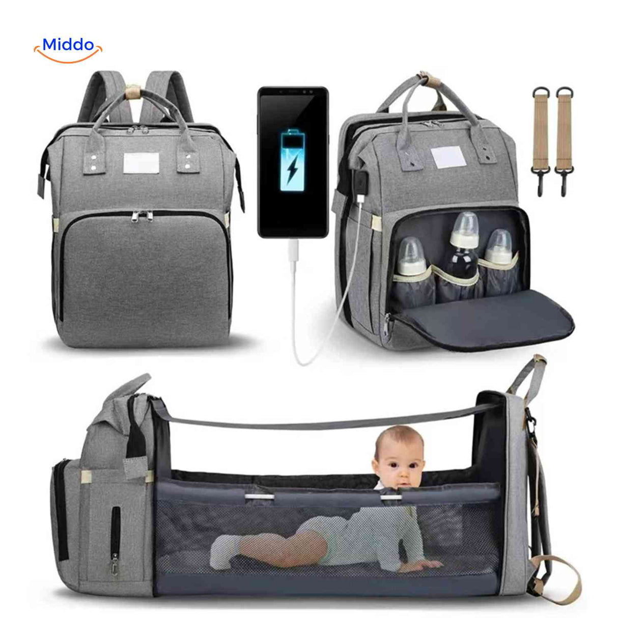 Multifunctional diaper backpack with foldable bassinet and integrated USB charging.