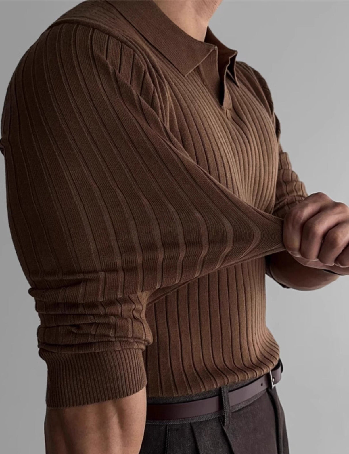 Brown MuscleFit polo sweater highlighting premium stretch fabric quality.