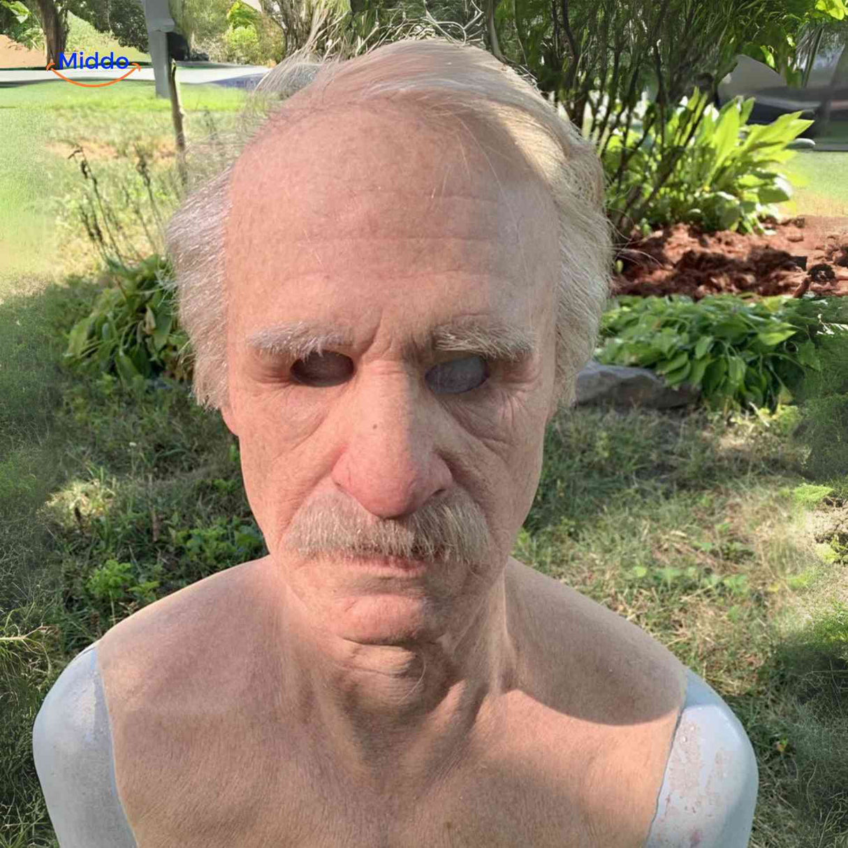 Old man mask with curly hair, mustache, and realistic aged details.