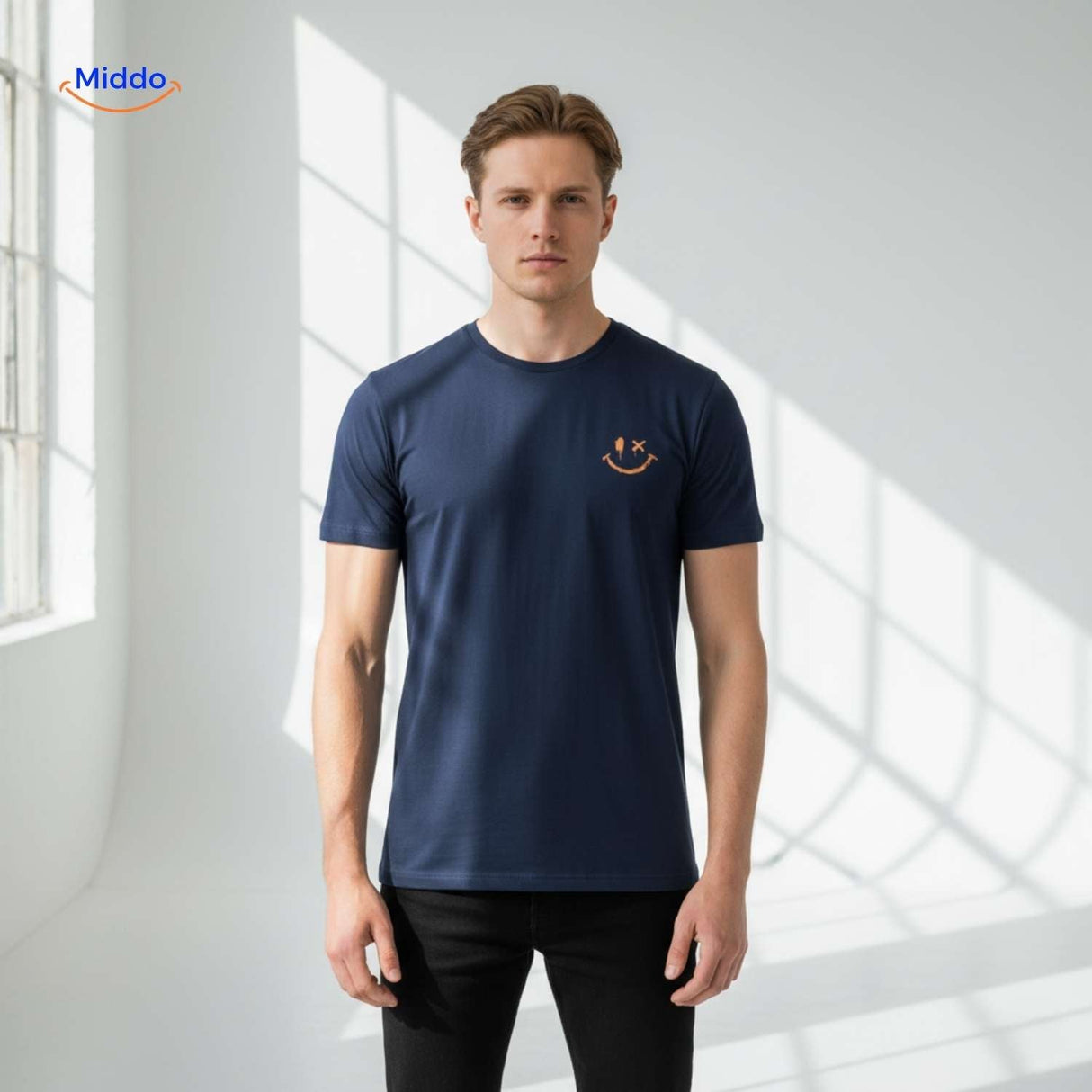 Navy blue cotton t-shirt with smiley print in casual men's style.