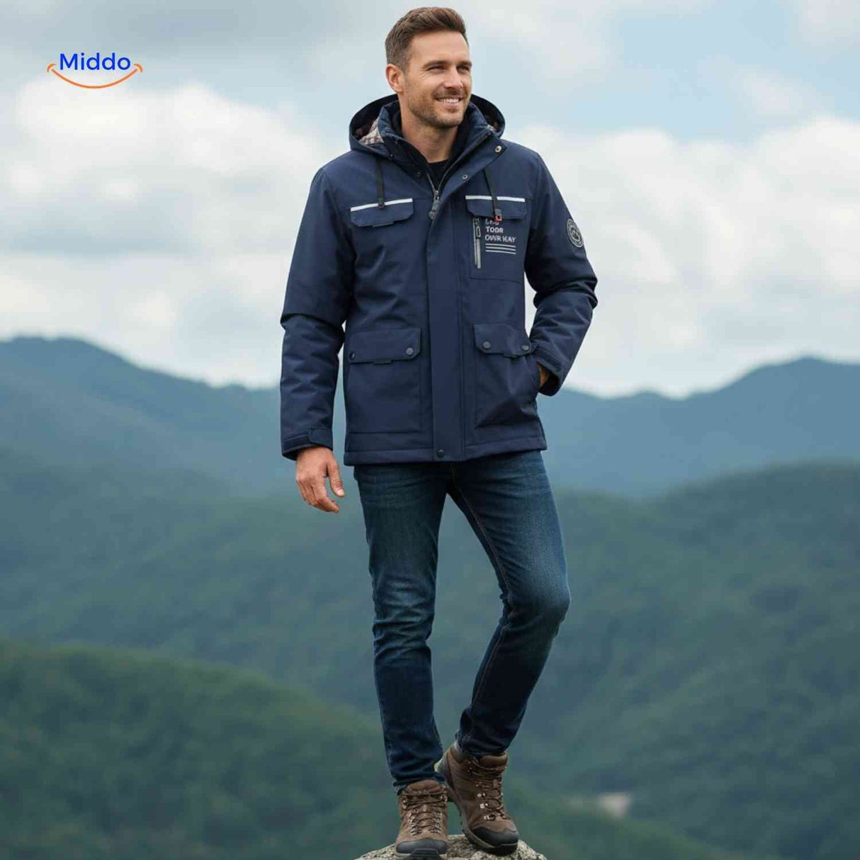 Dark blue wind-resistant men's outdoor jacket with hood and flap pockets.