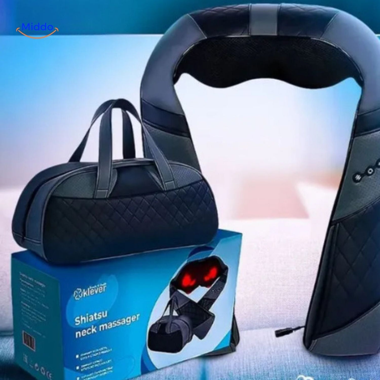 RelaxPro cordless neck massager with gray carrying case and LED light feature.