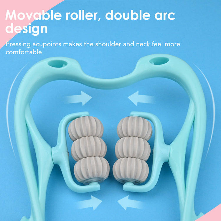 Light blue pressure point neck massager showing design and wheel configuration.