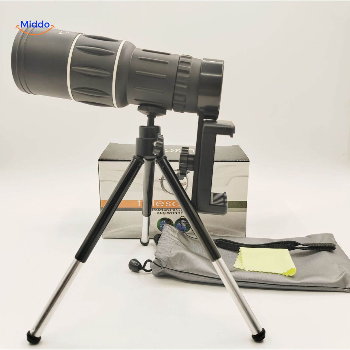 Night vision scope with smartphone photo adapter and adjustable tripod mount.