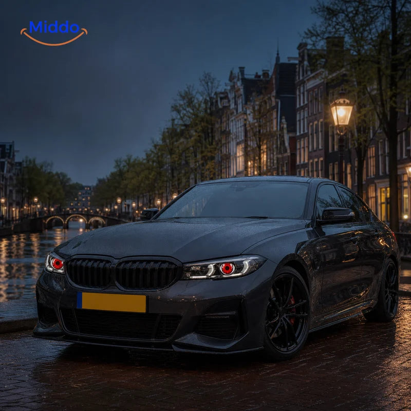 NightStare synchronized Devil Eyes inside a premium car on an Amsterdam canal street