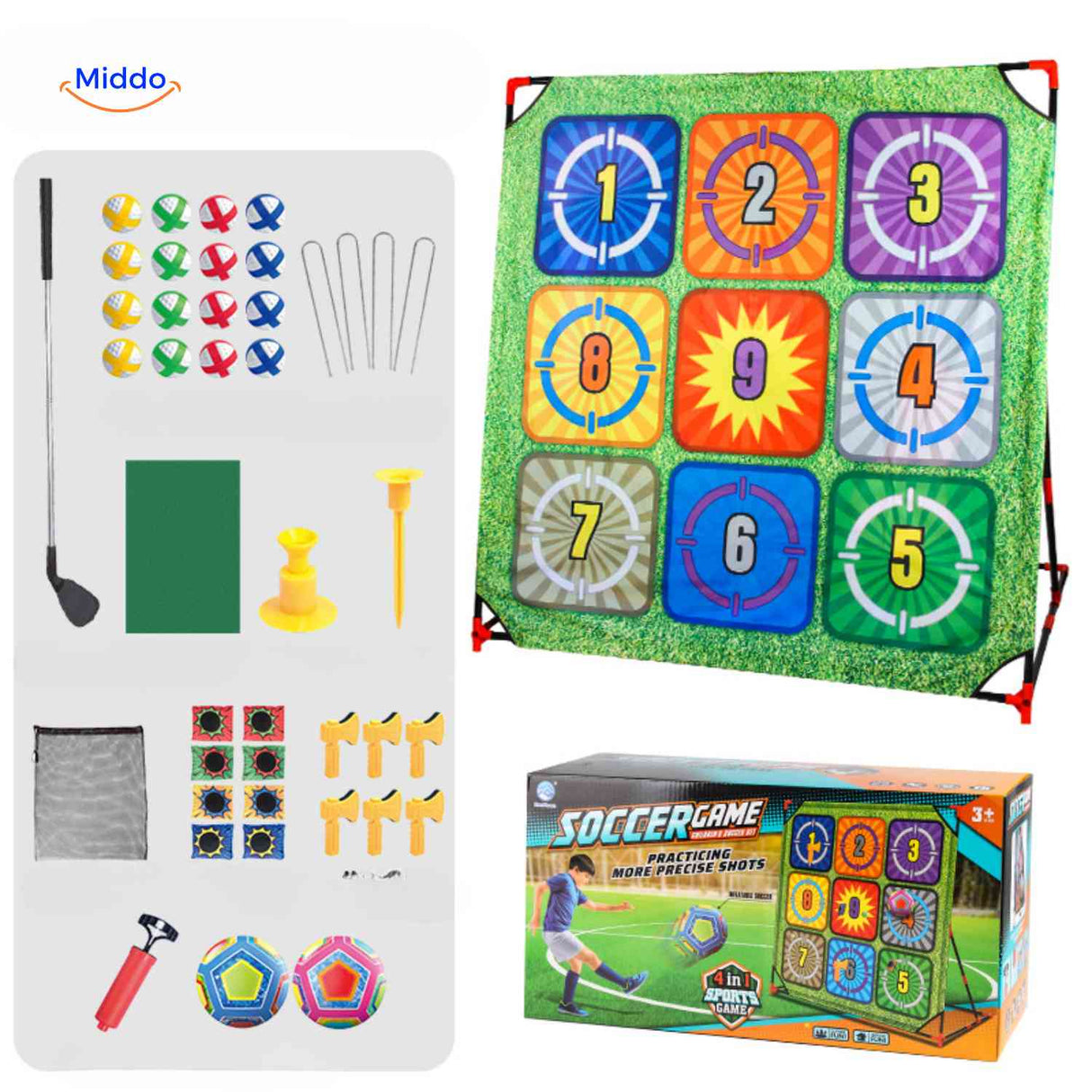 Numbered shooting target board for educational skill-building outdoor games.