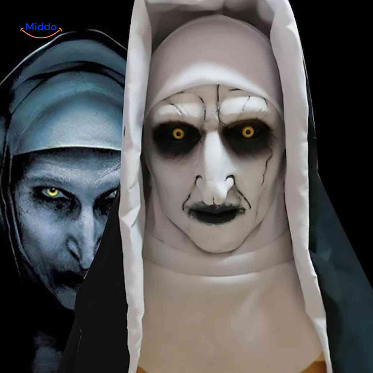 Nun mask with illuminated eyes in creepy sinister style.
