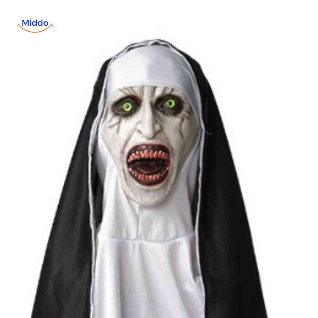 Realistic latex nun mask designed for Halloween costume wear.