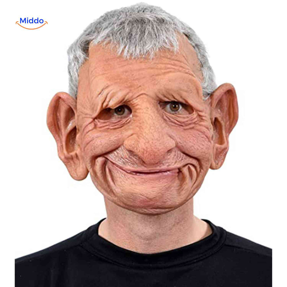 Funny aging costume mask with exaggerated large ears and wrinkled face.