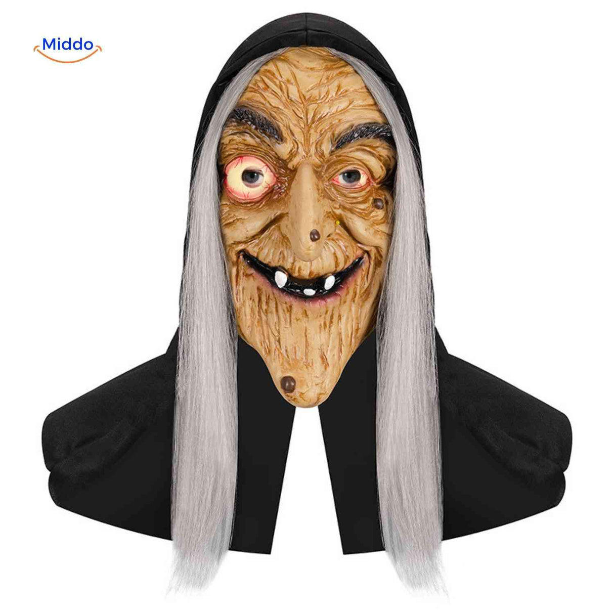Old witch Halloween mask with long gray hair.