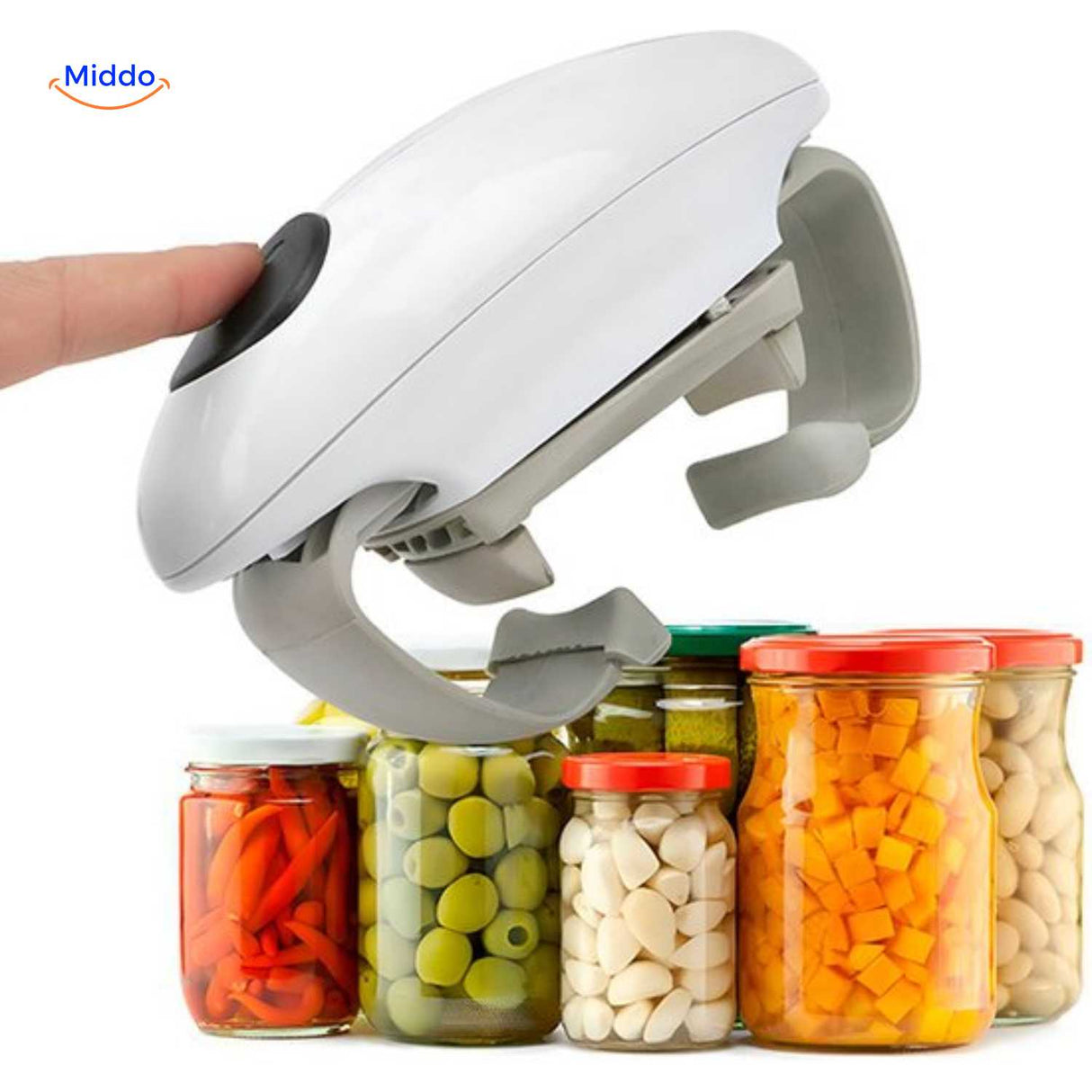 Open jar lids with one-touch button press using CapMate electric opener.