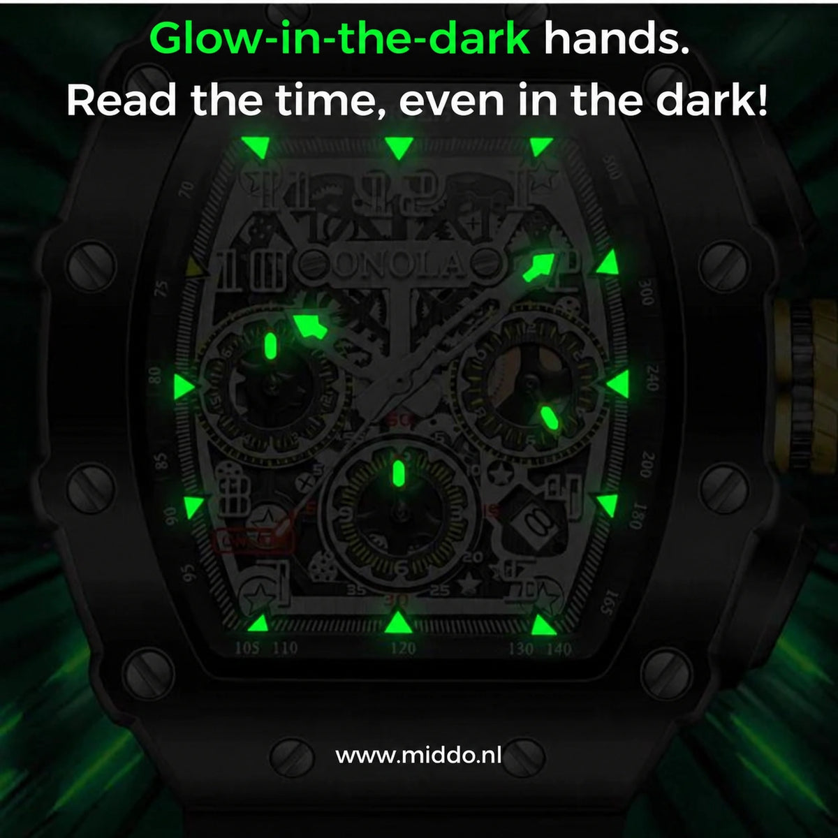 ONOLA chronograph watch with luminous hands and hour markers in the dark.