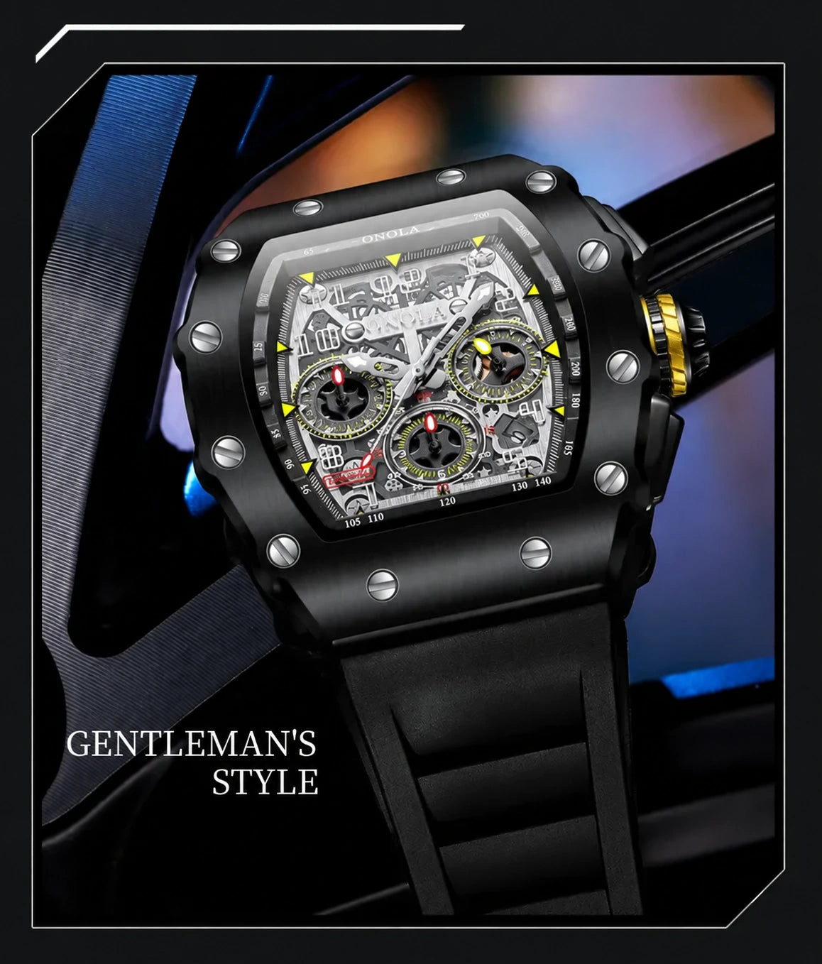 ONOLA MILLE watch with a black band.