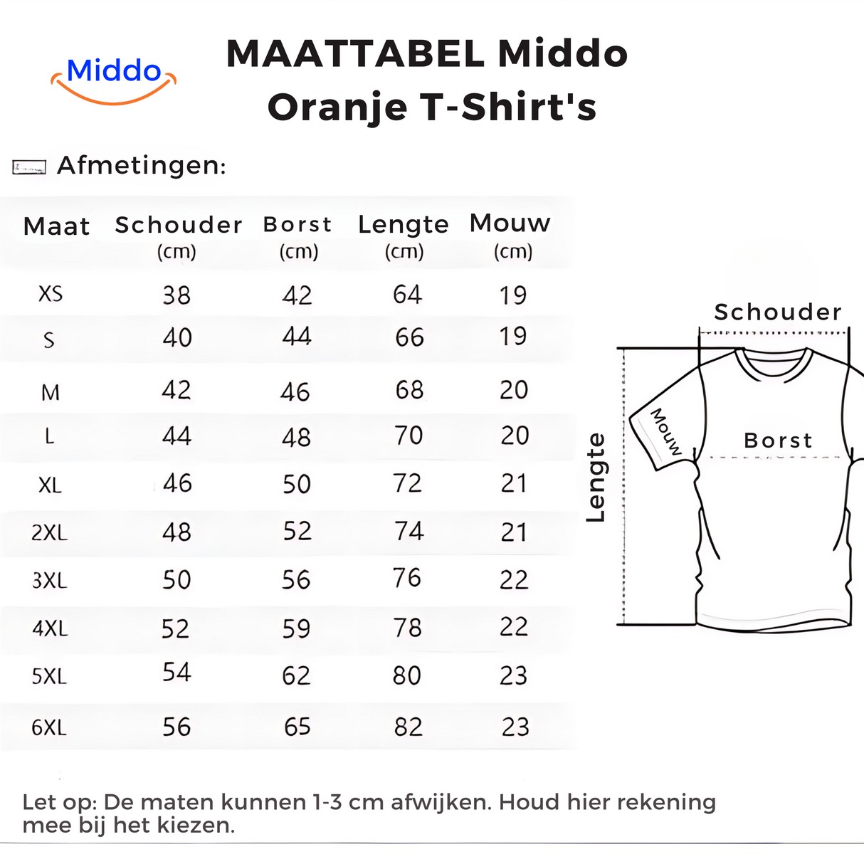 Netherlands fan t-shirt sizing guide with XS to XXL measurements.