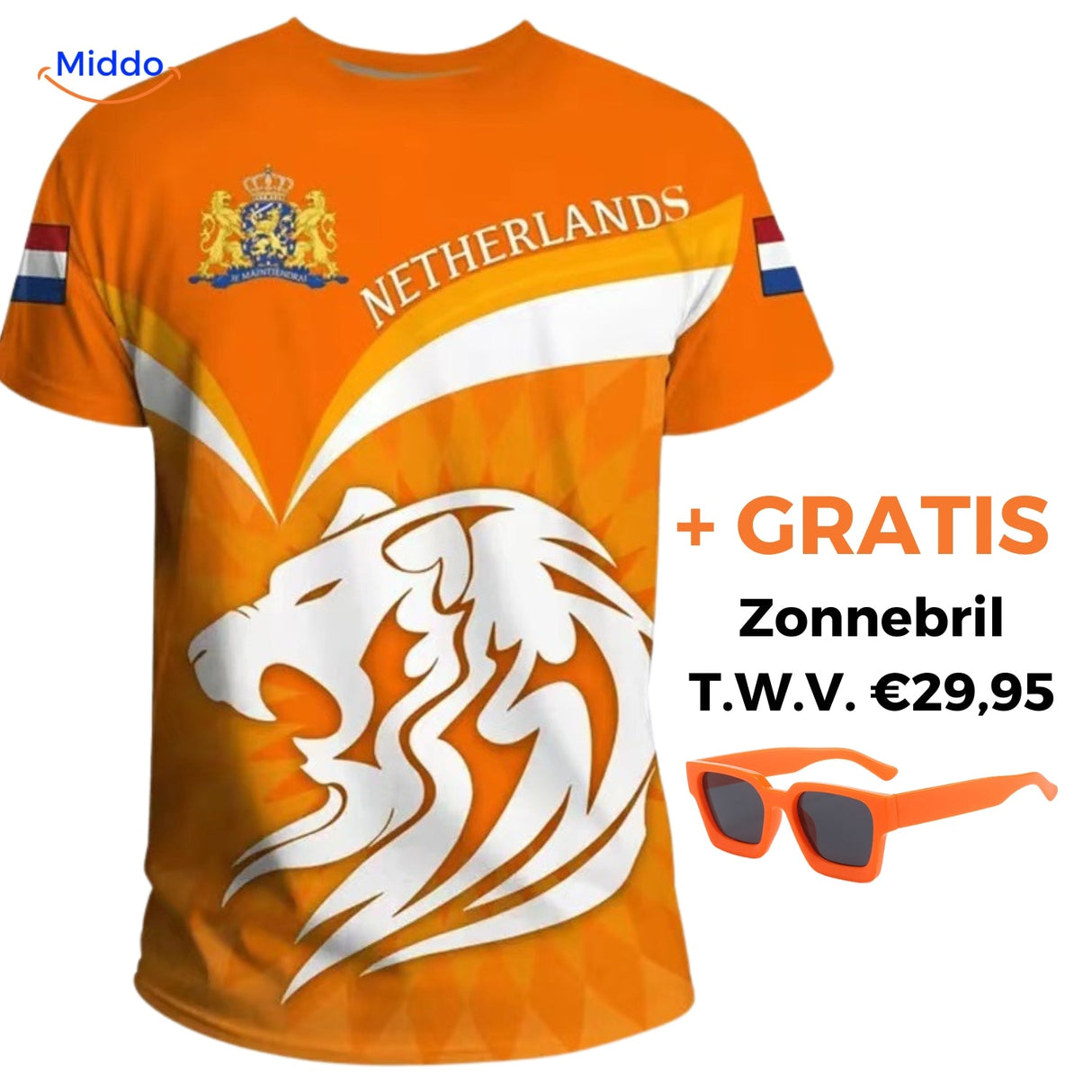 Orange tee paired with free sunglasses for complete fan gear look.