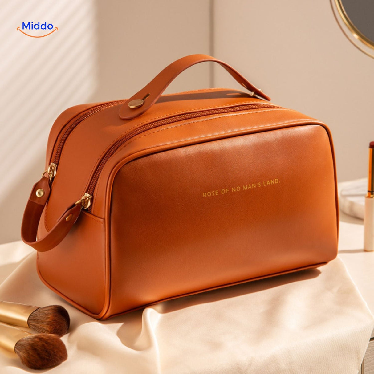 Orange travel makeup cosmetic bag spacious storage