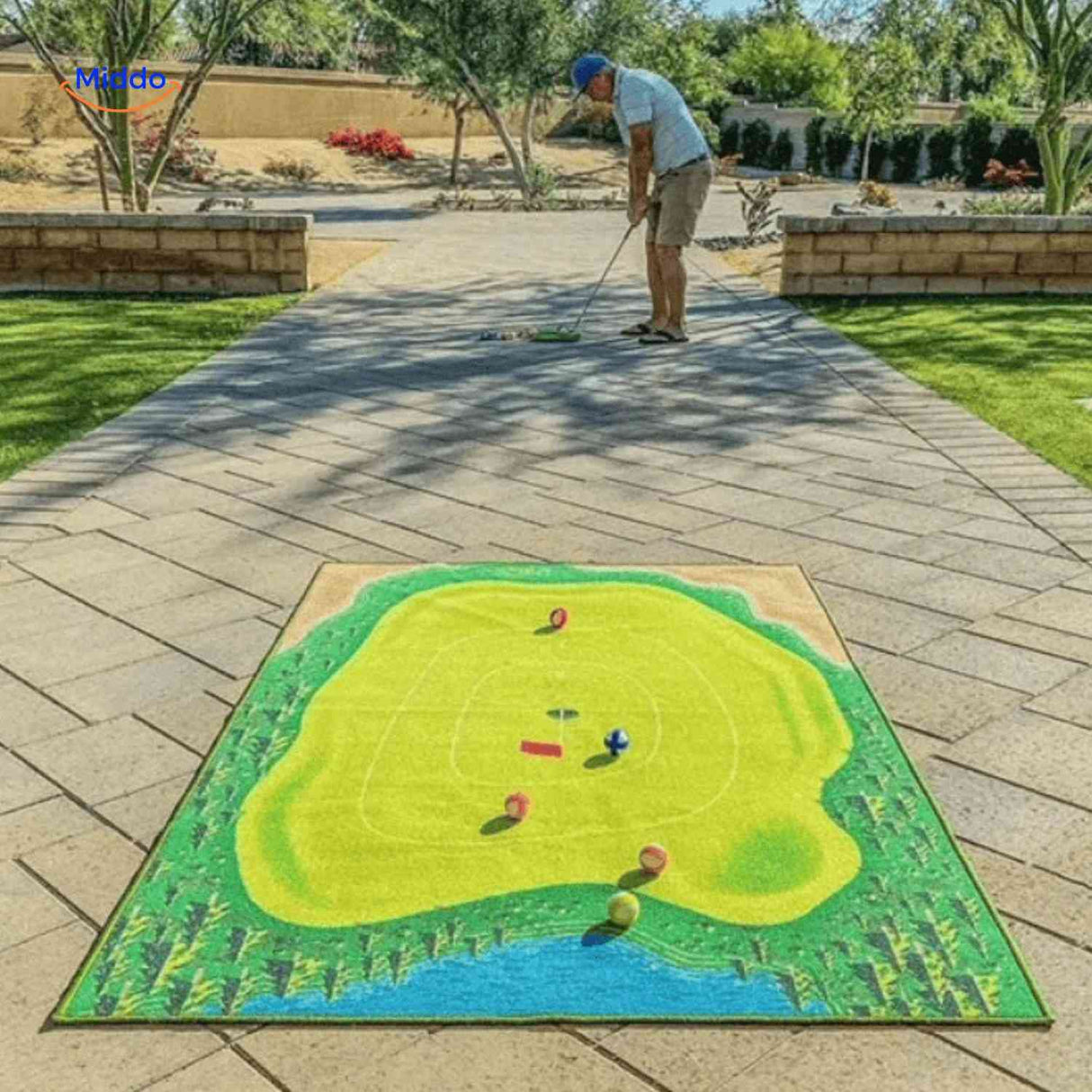 Outdoor golf practice mat for backyard swing training and play.