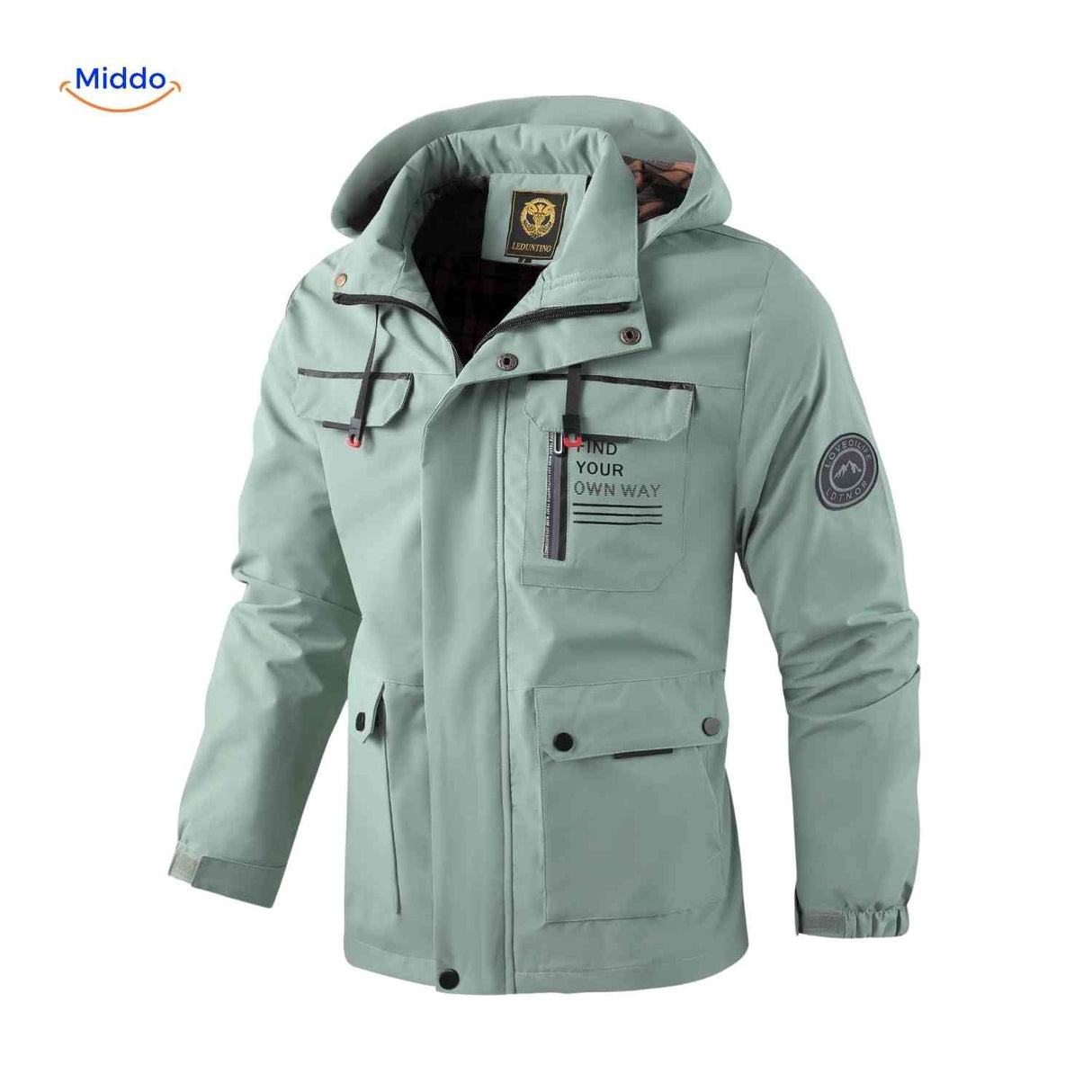 Waterproof men's outdoor jacket with hood and hand pockets.