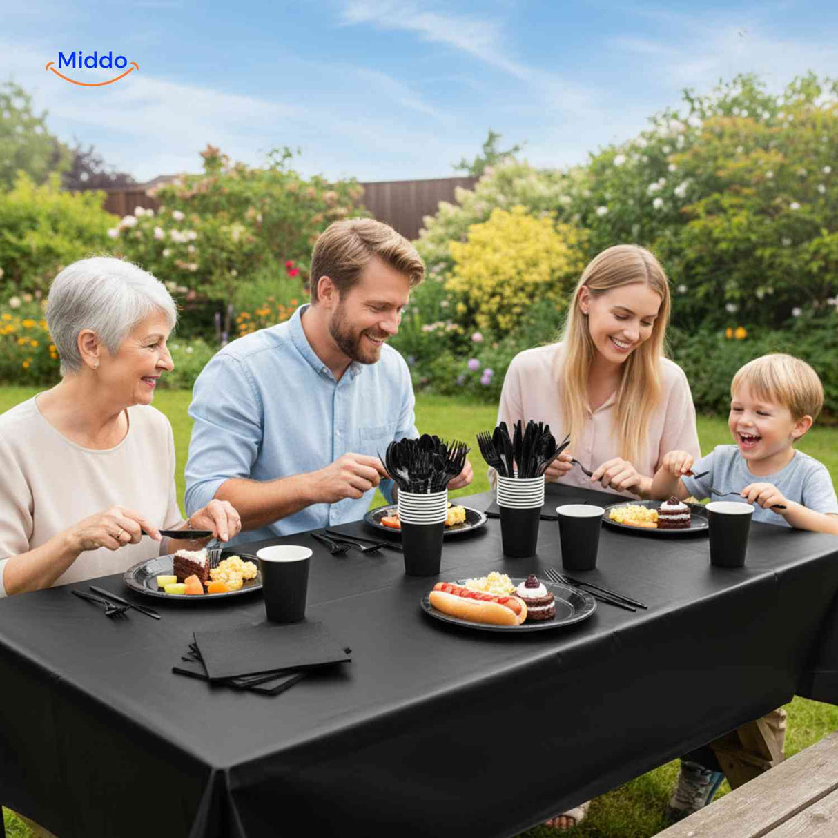 Disposable outdoor party tableware set with plates, cups, cutlery for garden celebrations.