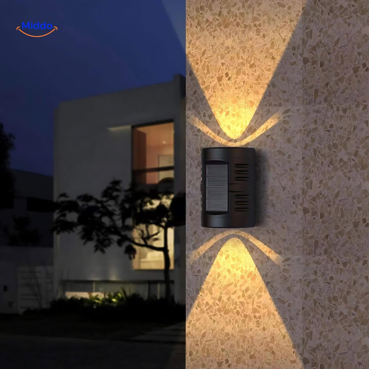 Waterproof solar security light with dual heads for outdoor safety and protection.