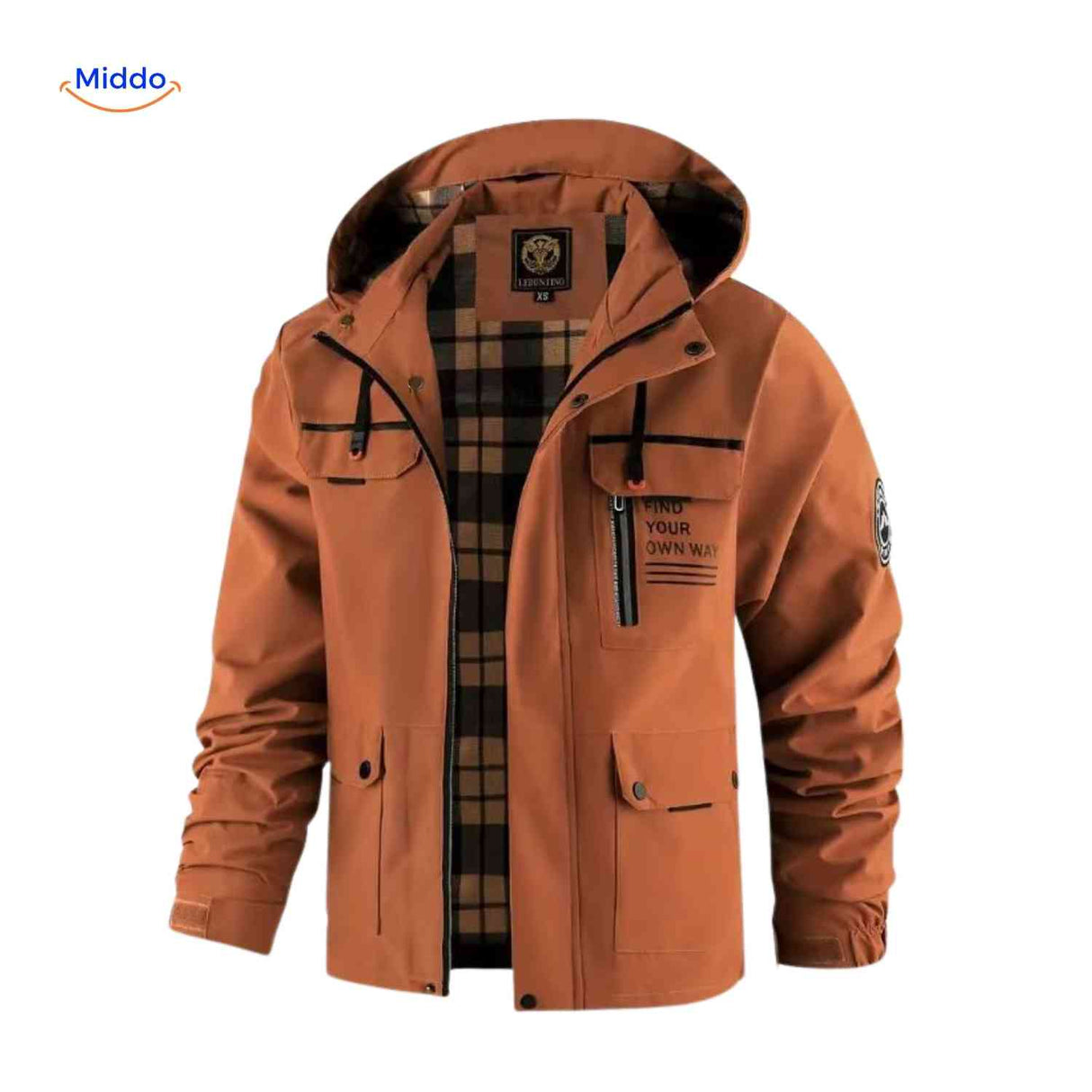 Waterproof men's outdoor jacket with hood and chest pocket.
