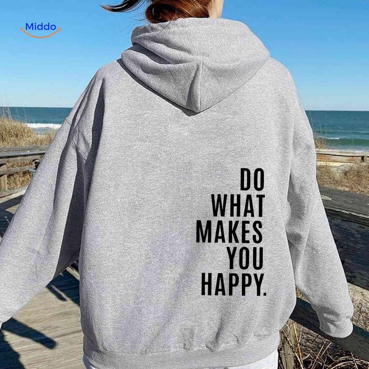 Grey oversized hoodie with black text design.
