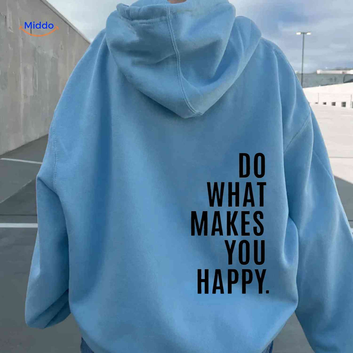 Light blue oversized hoodie with black graphic print.