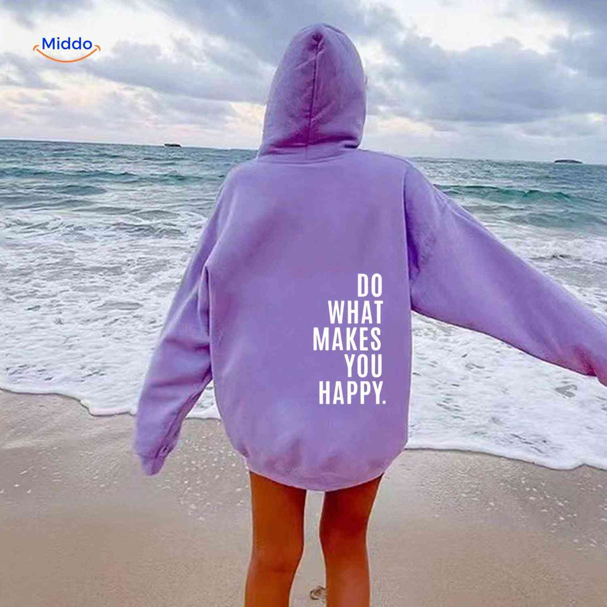 Purple oversized hoodie with white graphic text.