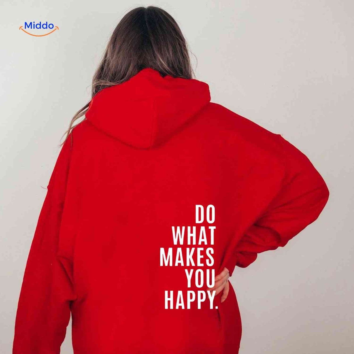 Red oversized hoodie with white graphic message.