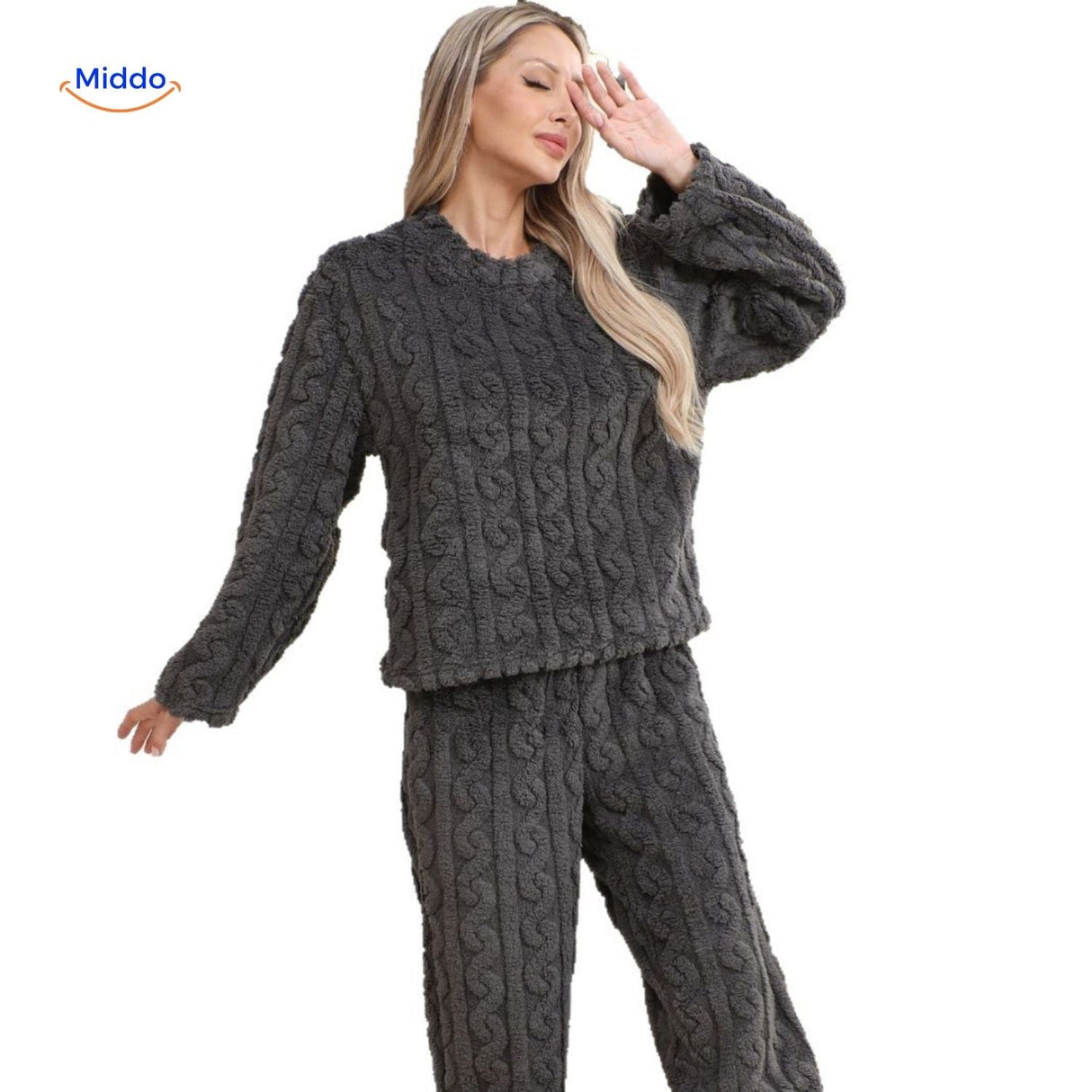 Blue soft fleece pajama set designed for home comfort and relaxation.