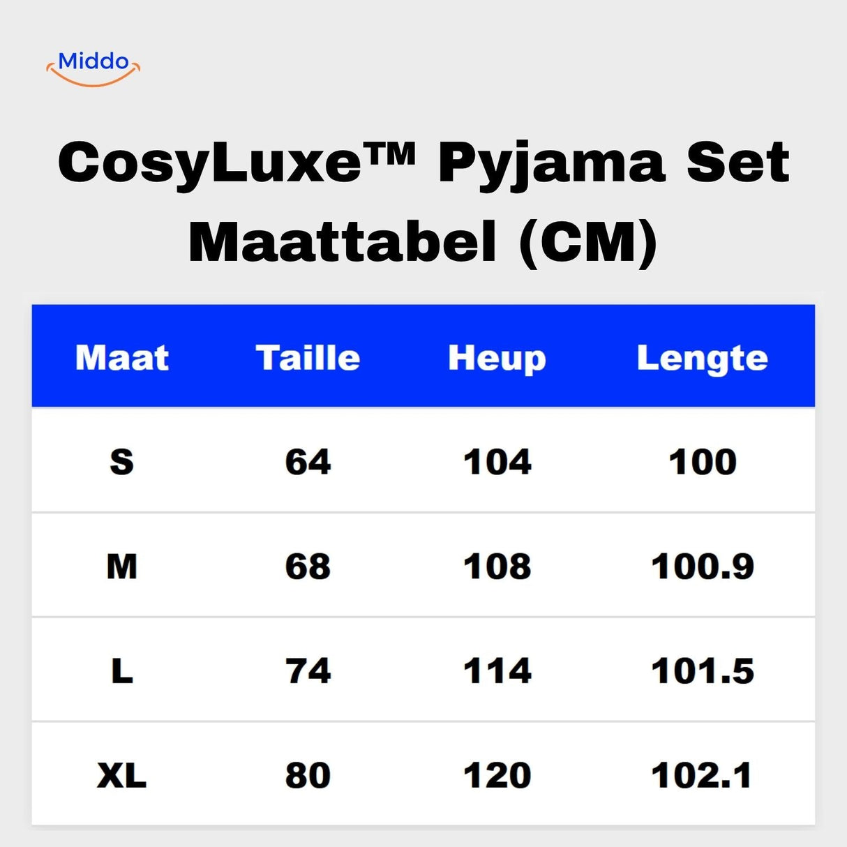 CosyLuxe pajama size chart showing measurements from size S to XL.