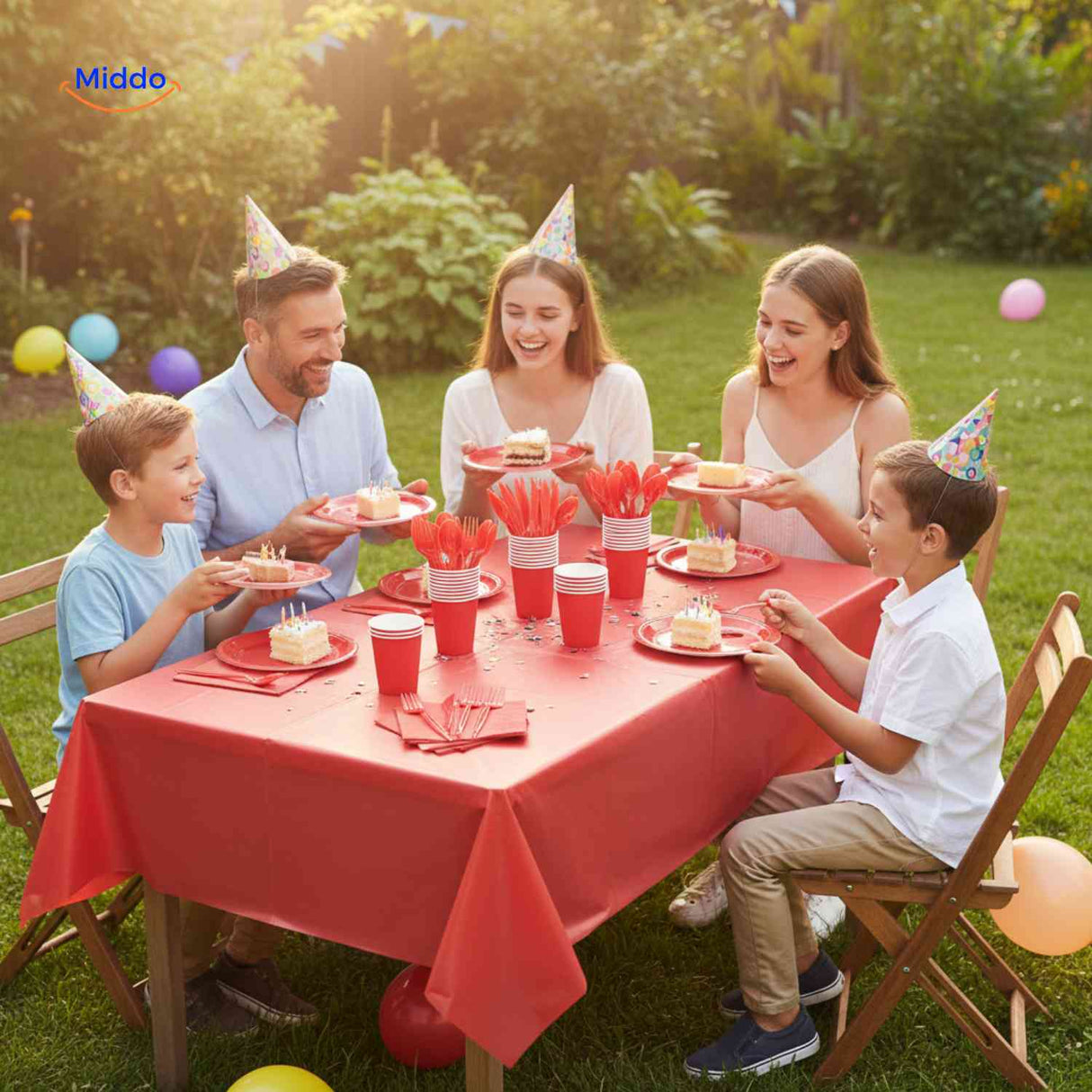 Party tableware set featuring coordinated plates, cups, and matching cutlery pieces.