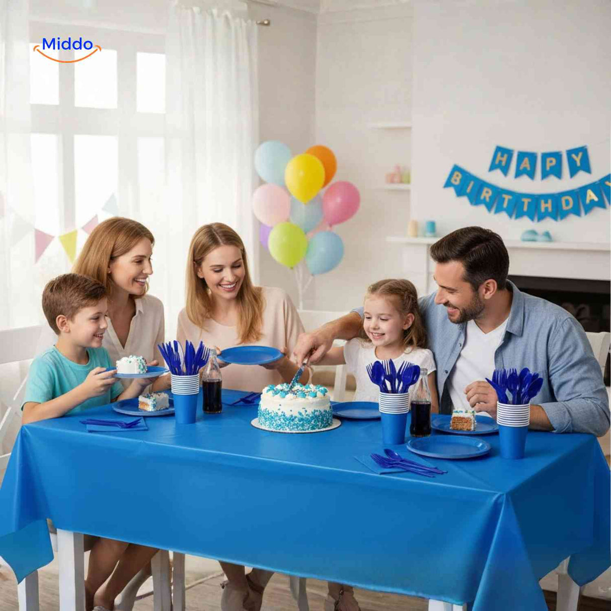 PartyLux tableware set showing plates, cups, and cutlery pieces included in the kit.