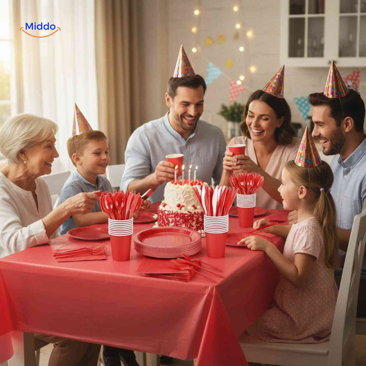 Party tableware set with coordinated plates, cups, and cutlery for festive party decorations.