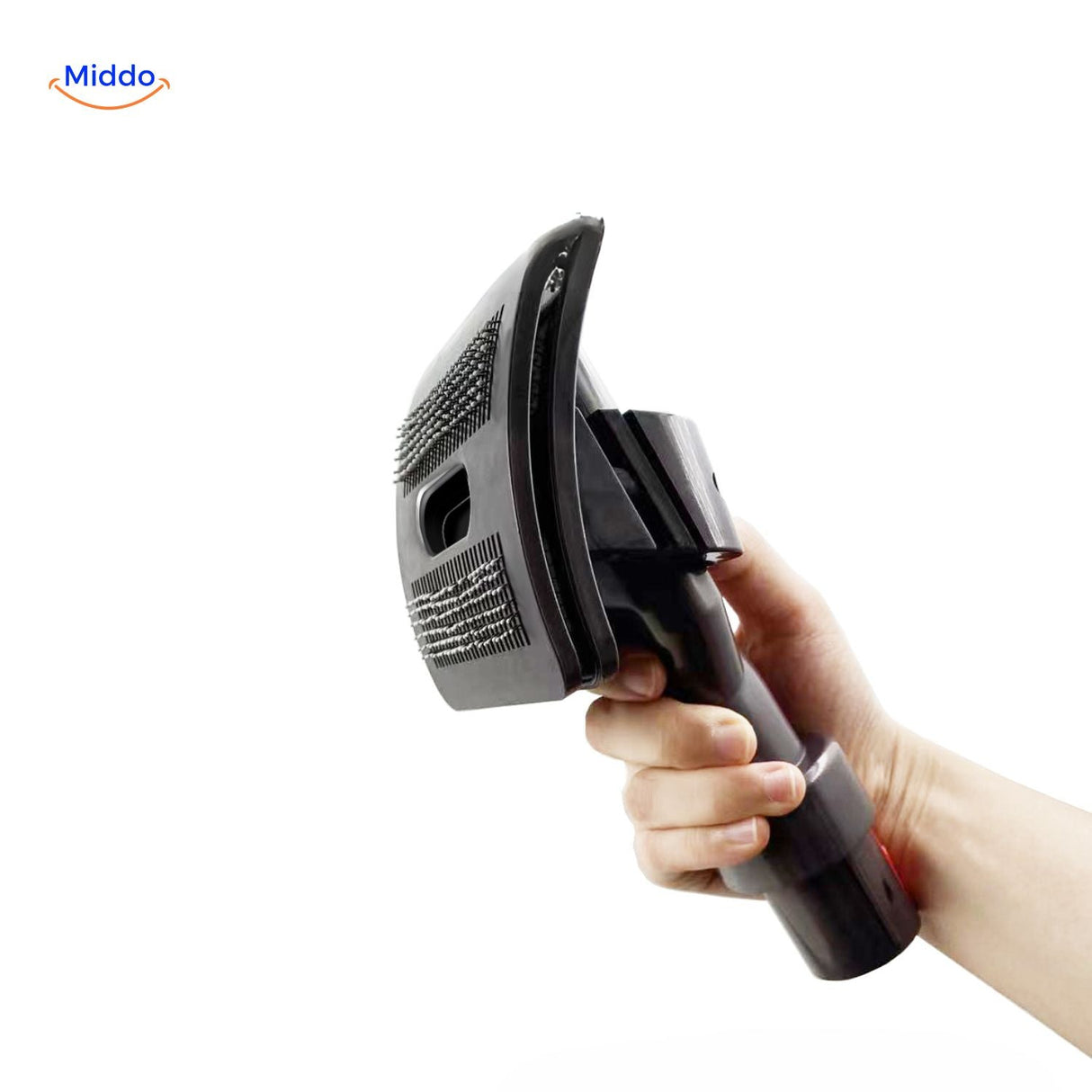 Pet hair removal brush featuring ergonomic handle design.