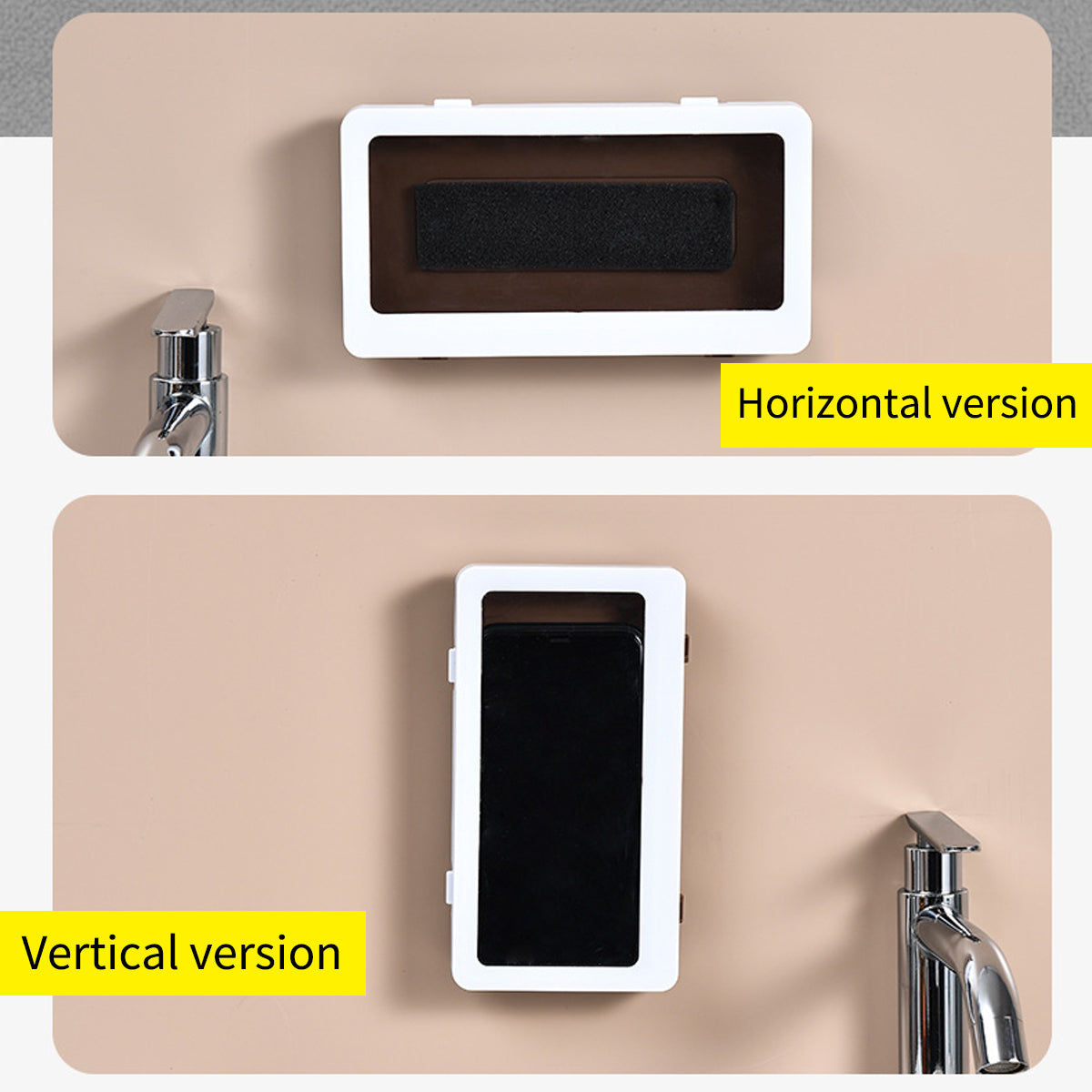Shower phone holder rotates for both horizontal and vertical device orientation.