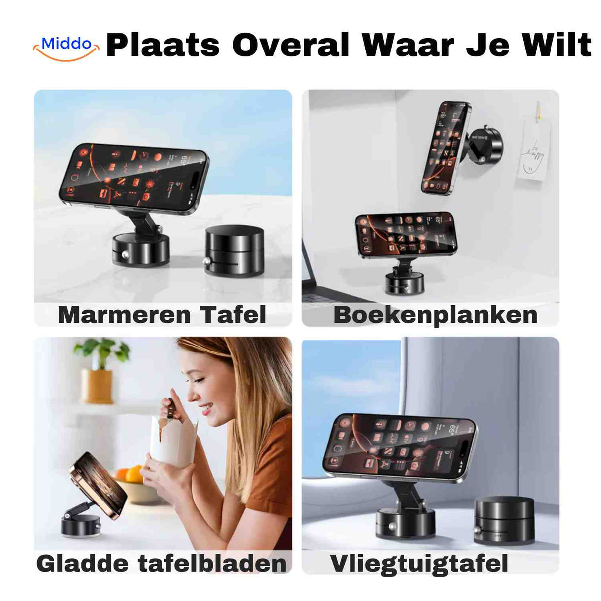 Phone holder mounted on table and wall showing versatile placement options.