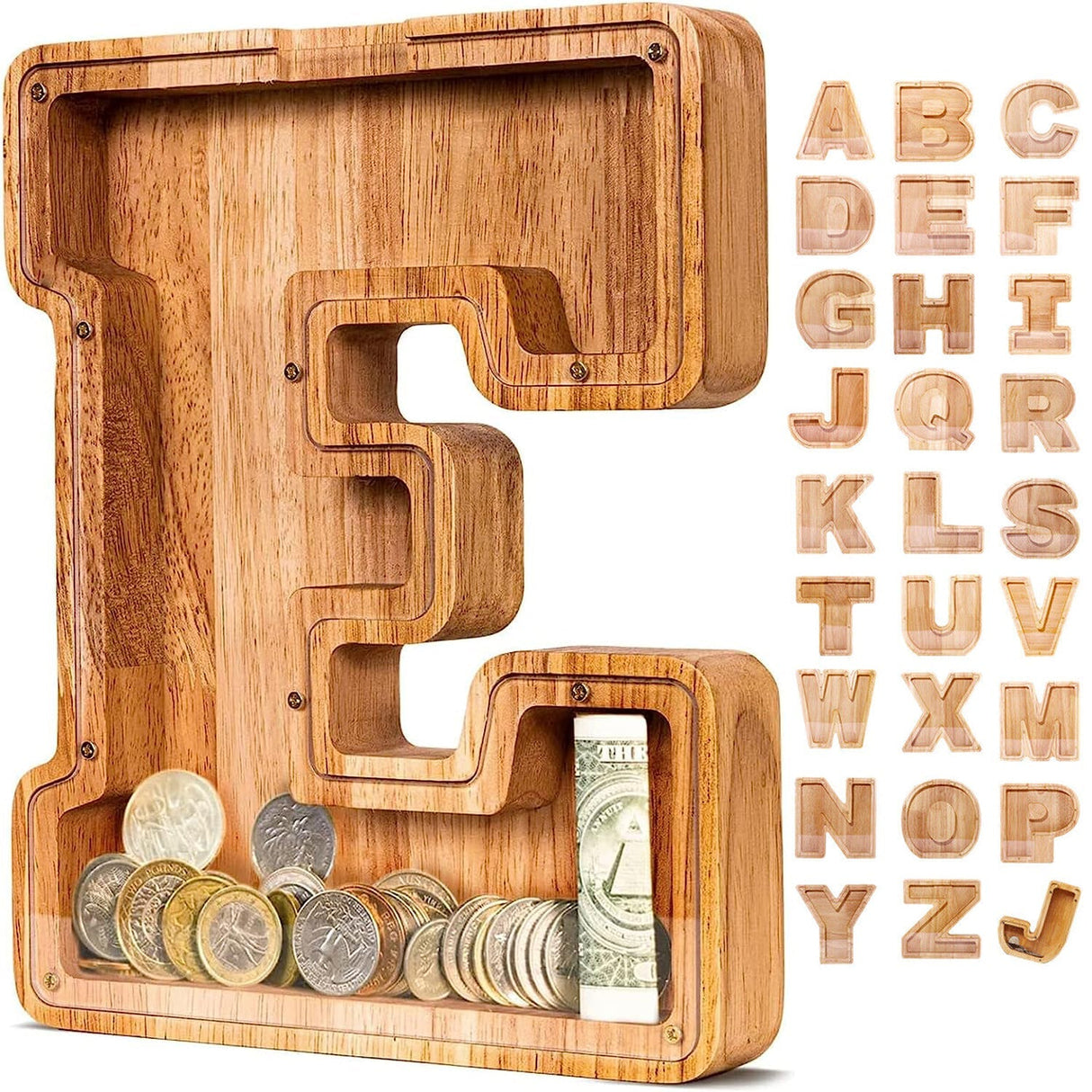 Child inserting coins and bills into wooden letter piggy bank, learning to save money.