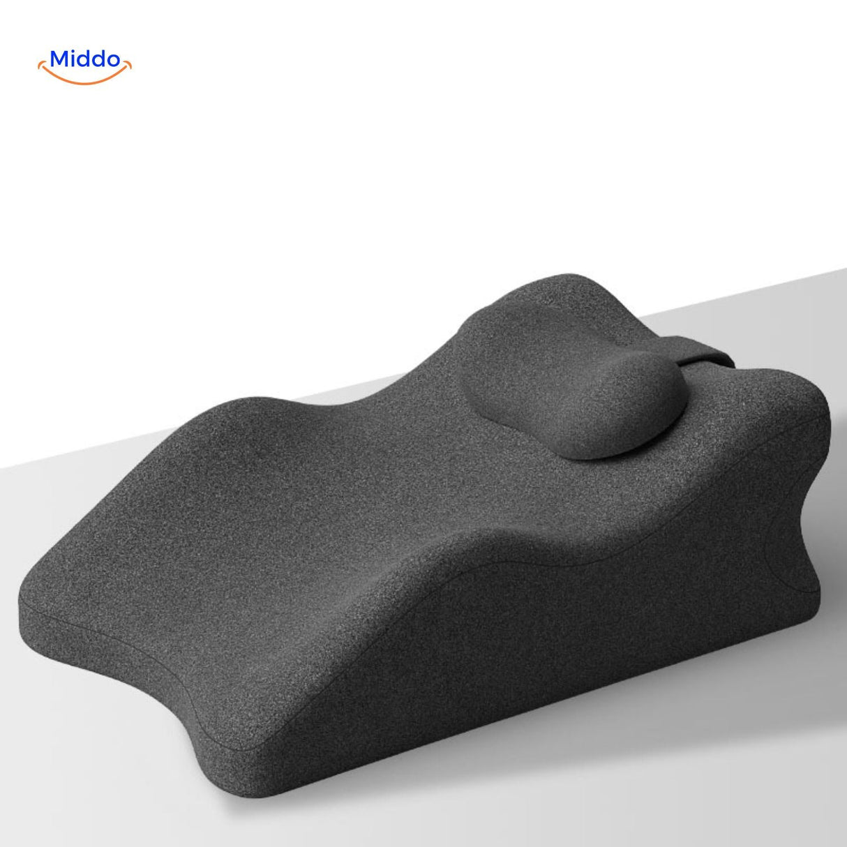 Black leg elevation pillow with integrated head and neck support for full comfort.