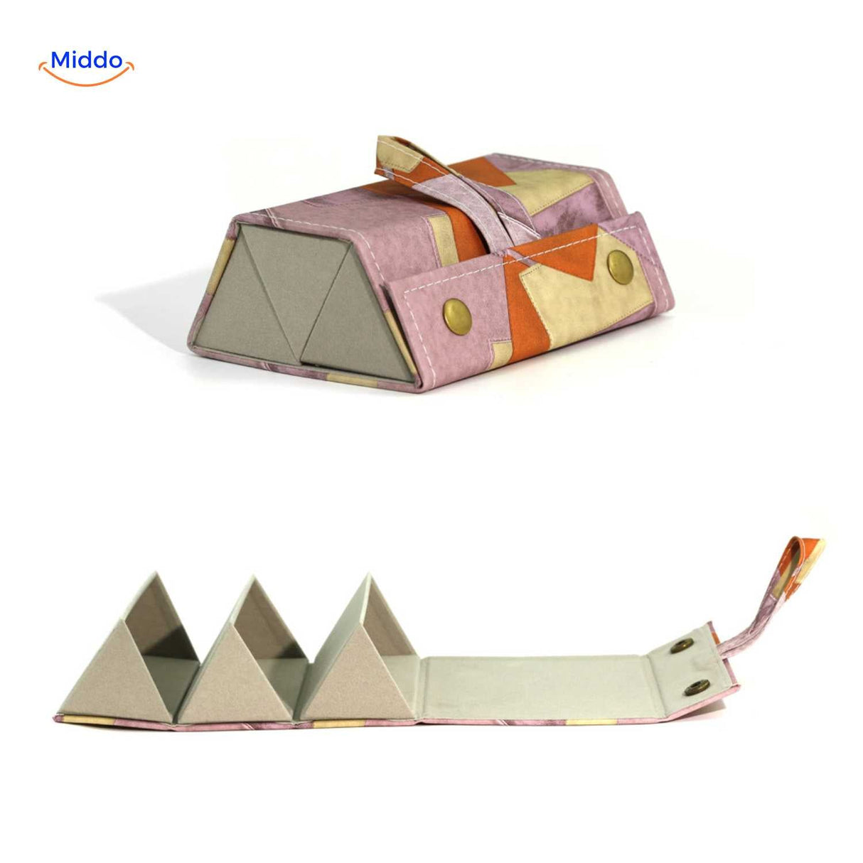 Pink floral 3-slot foldable travel eyeglasses case open showing three lined compartments.