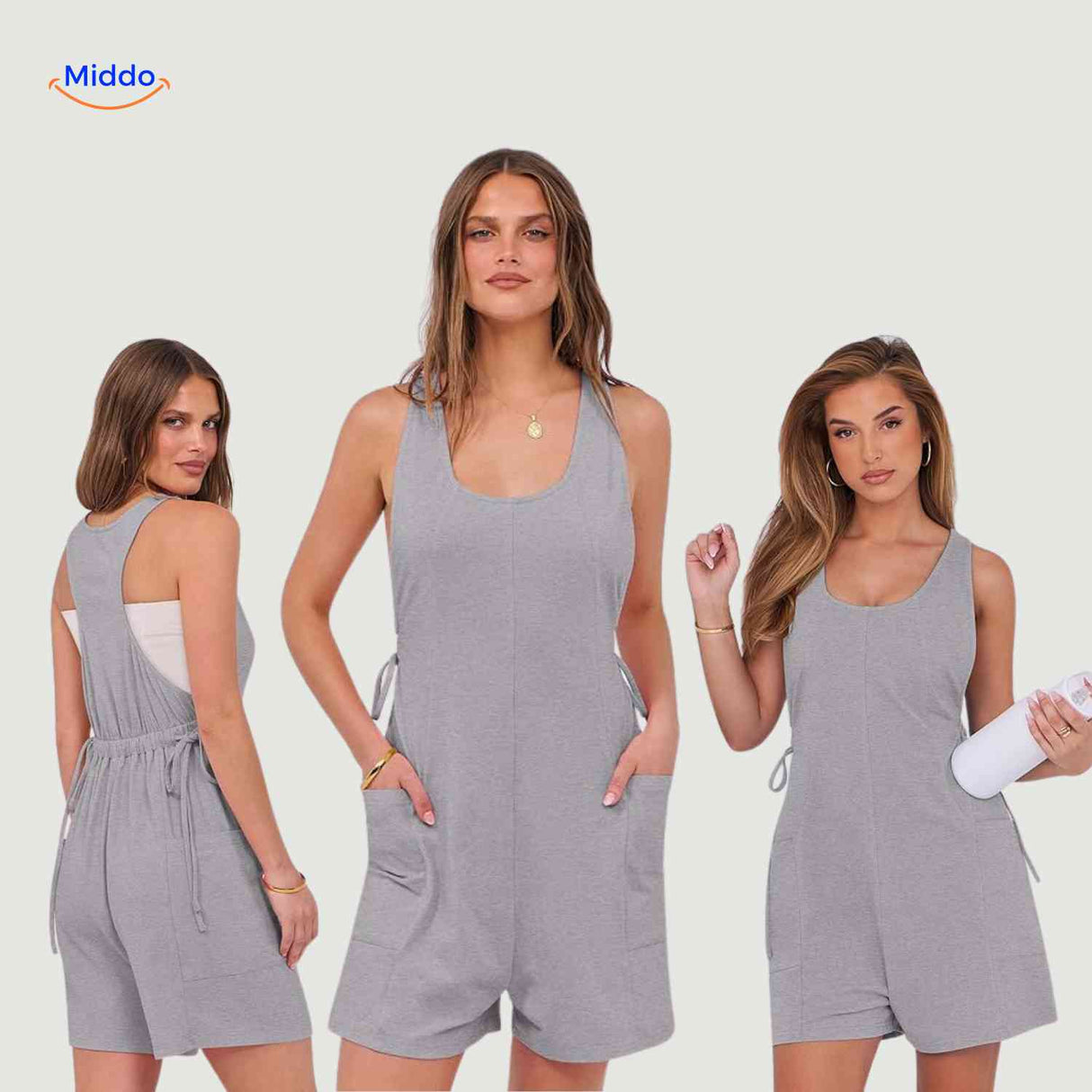 Three pink jumpsuit variations with adjustable drawstring and pockets.