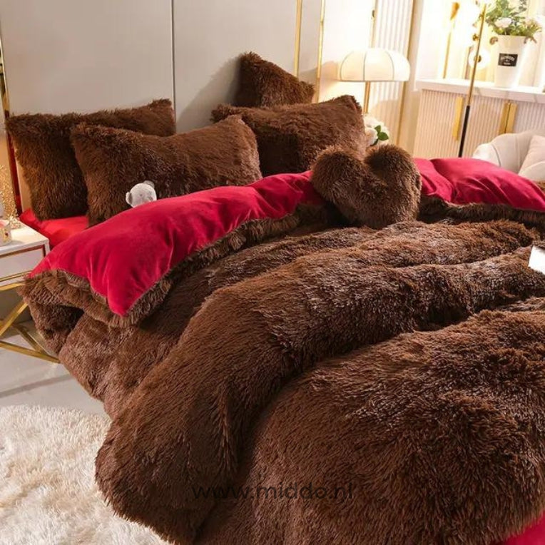 Burgundy teddy fleece bedding collection with soft texture and heart pillow gift