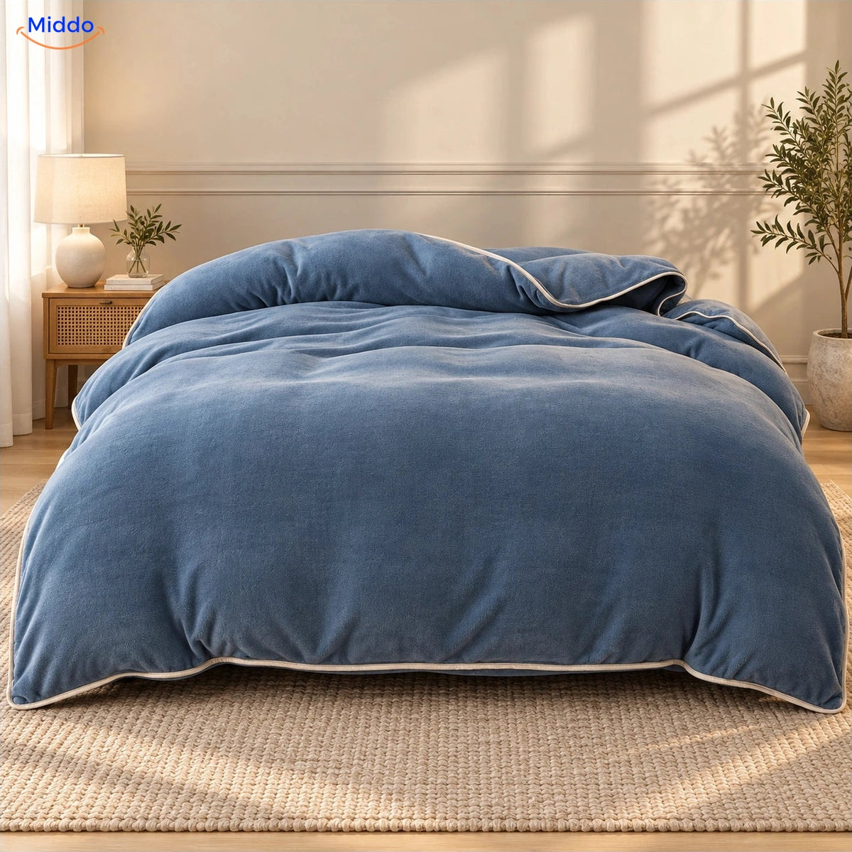 Plush duvet cover: steel blue bedroom styling