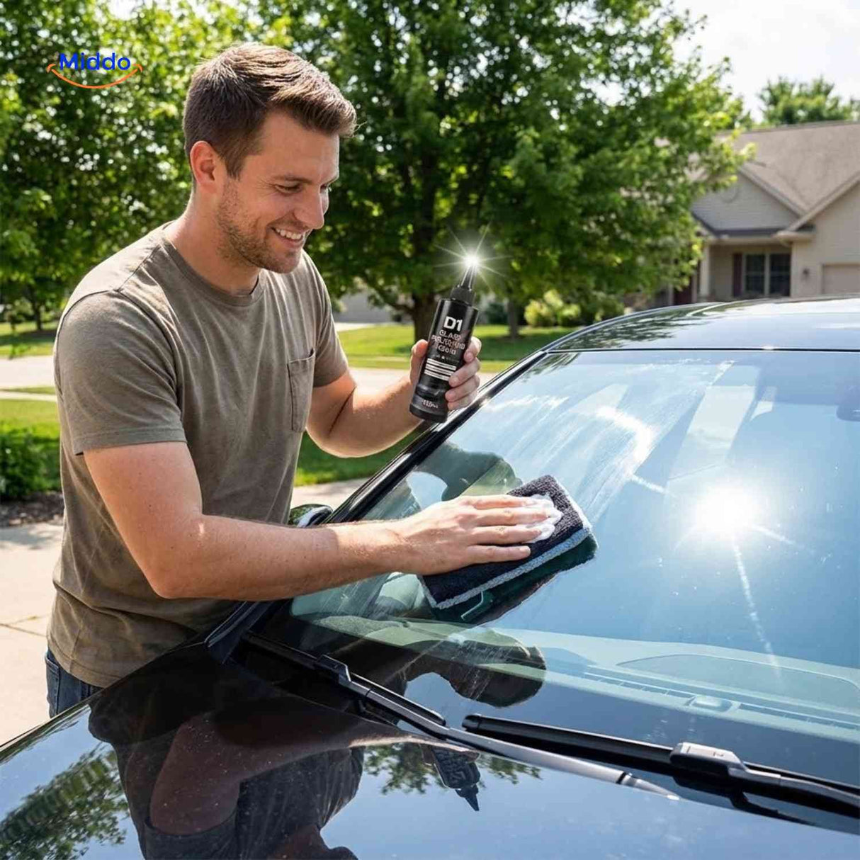 Finished result showing crystal clear, spot-free auto glass after polishing treatment.