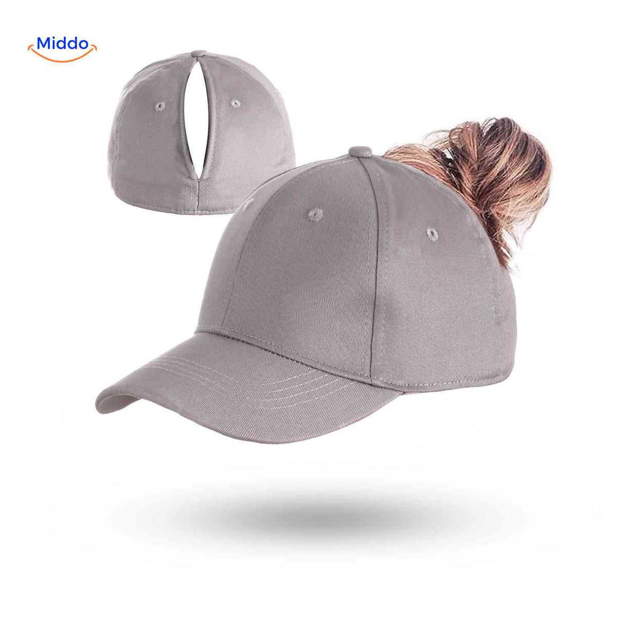 Gray ponytail cap with magnetic hair opening, sporty and trendy design.