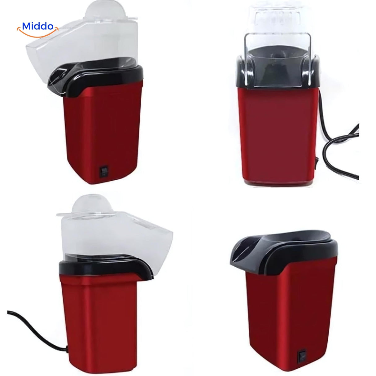 Electric popcorn maker displayed from multiple angles highlighting design details.