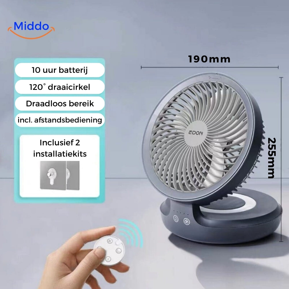 Gray portable cooling fan with remote control for convenient operation.