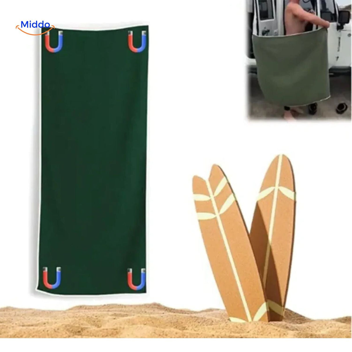Compact sand-free towel with magnetic attachment for travel and outdoor use.